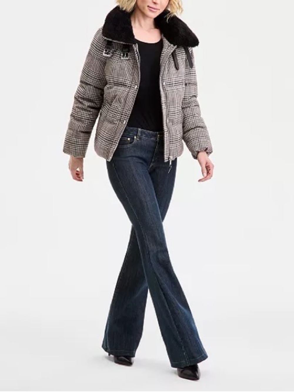 DKNY Women's Faux-Fur-Collar Zip-Front Puffer Coat in Heritage Plaid